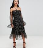 John Zack Petite Long Sleeve Cold Shoulder Metallic Star Print Midi Dress With Thigh Split - Black