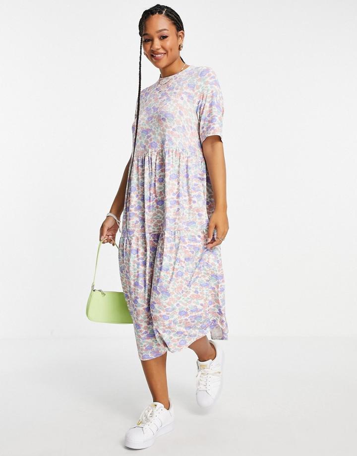 Asos Design Tiered Smock T-shirt Midi Dress In Pastel Floral Print-multi