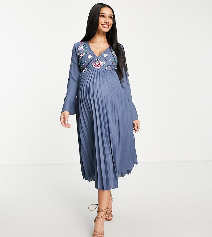 Asos Design Maternity Embroidered Pleated Midi Dress In Blue