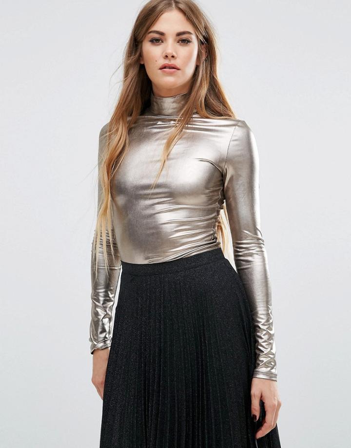 Fashion Union Metallic High Neck Top - Gold