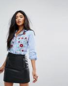 Missguided Floral Embroidered Stripe Shirt - Blue