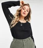 Only Curve T-shirt With Scoop Neck And Button Front In Black