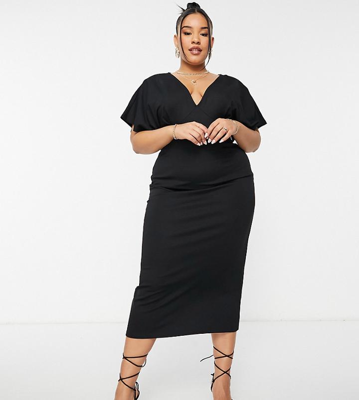 Asos Design Curve Batwing Scuba Midi Dress In Black-multi