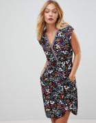 Trollied Dolly Crossover Dress In Floral Print - Navy
