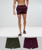 Asos Design Swim Shorts 2 Pack In Burgundy & Khaki Short Length Save - Multi