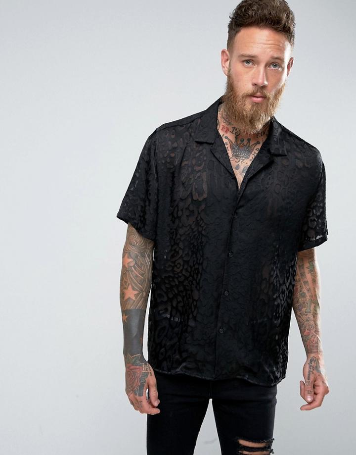 Asos Oversized Viscose Shirt With Sheer Leopard Burnout And Revere Collar In Black - Black