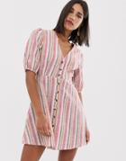 Neon Rose Button Front Tea Dress In Multi Stripe - Multi