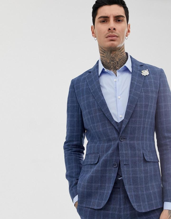Gianni Feraud Slim Fit Linen Blend Check Suit Jacket - Blue