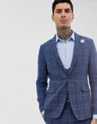 Gianni Feraud Slim Fit Linen Blend Check Suit Jacket - Blue