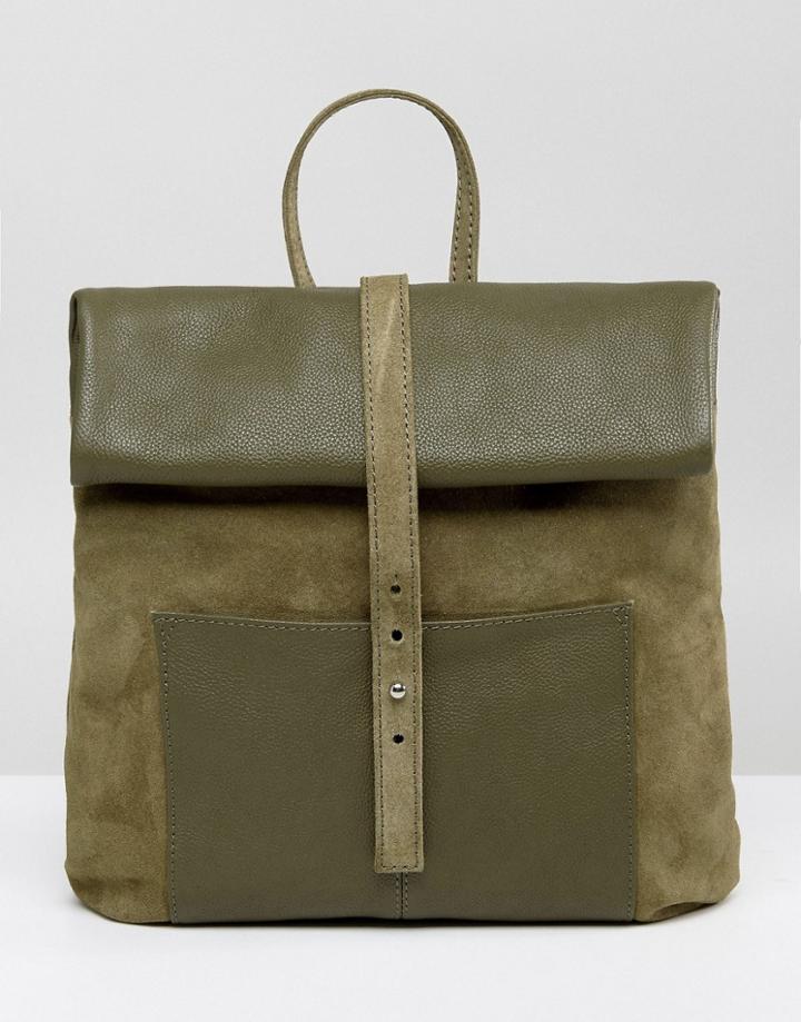Asos Leather Suede Midi Roll Top Backpack - Green