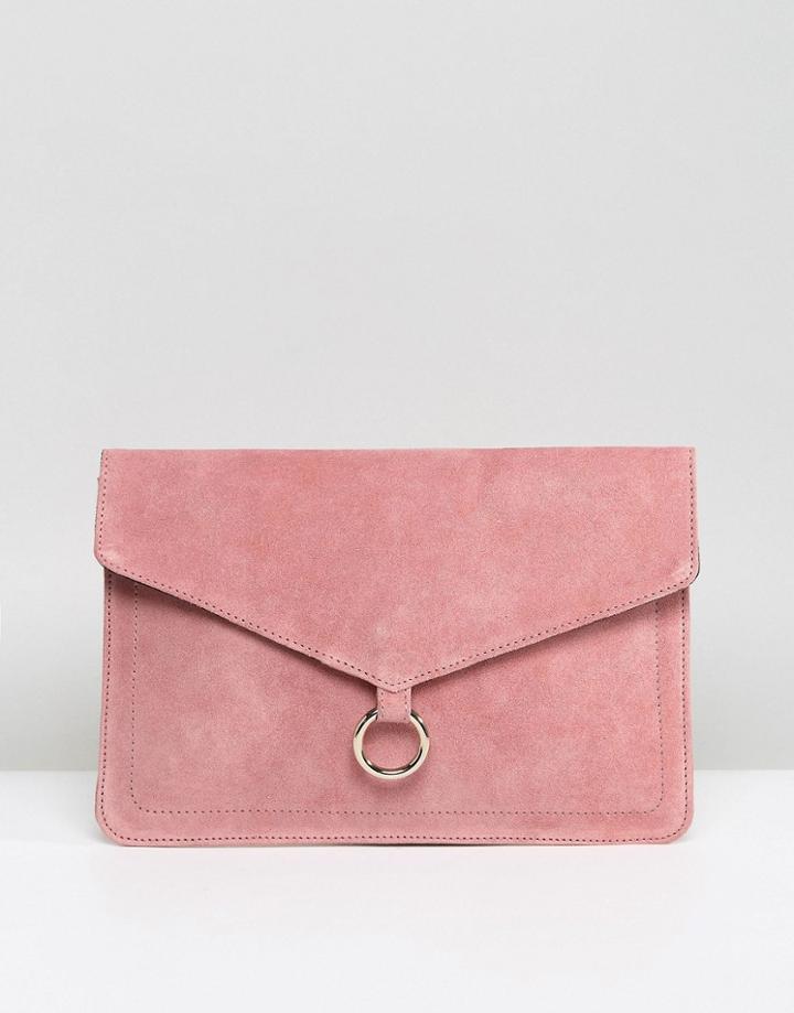Asos Suede Envelope Clutch Bag With Ring Detail - Pink