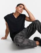 Asos Design Oversized Heavyweight Tank With Shoulder Pads In Washed Black