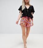 Asos Design Petite Frill Hem Shorts In Orange Print - Multi