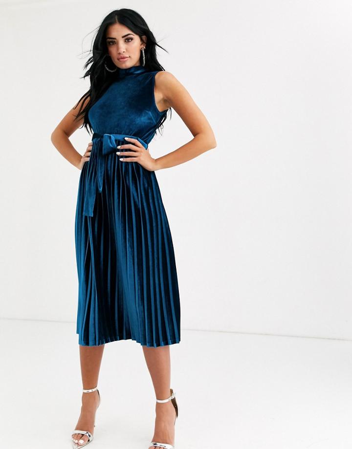 Asos Design Sleeveless High Neck Pleated Open Back Velvet Midi Dress