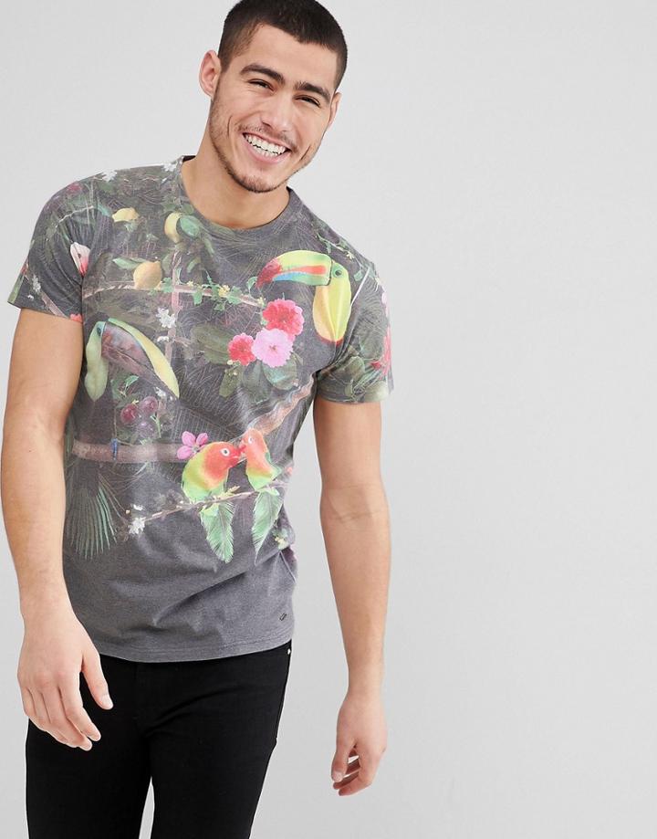 Solid T-shirt In Tropical Birds Print - Black