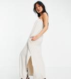 Asos Design Petite Bandeau Maxi Sundress With Pockets In Stone-neutral