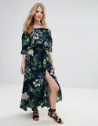 Qed London Off Shoulder Floral Print Maxi Dress - Navy