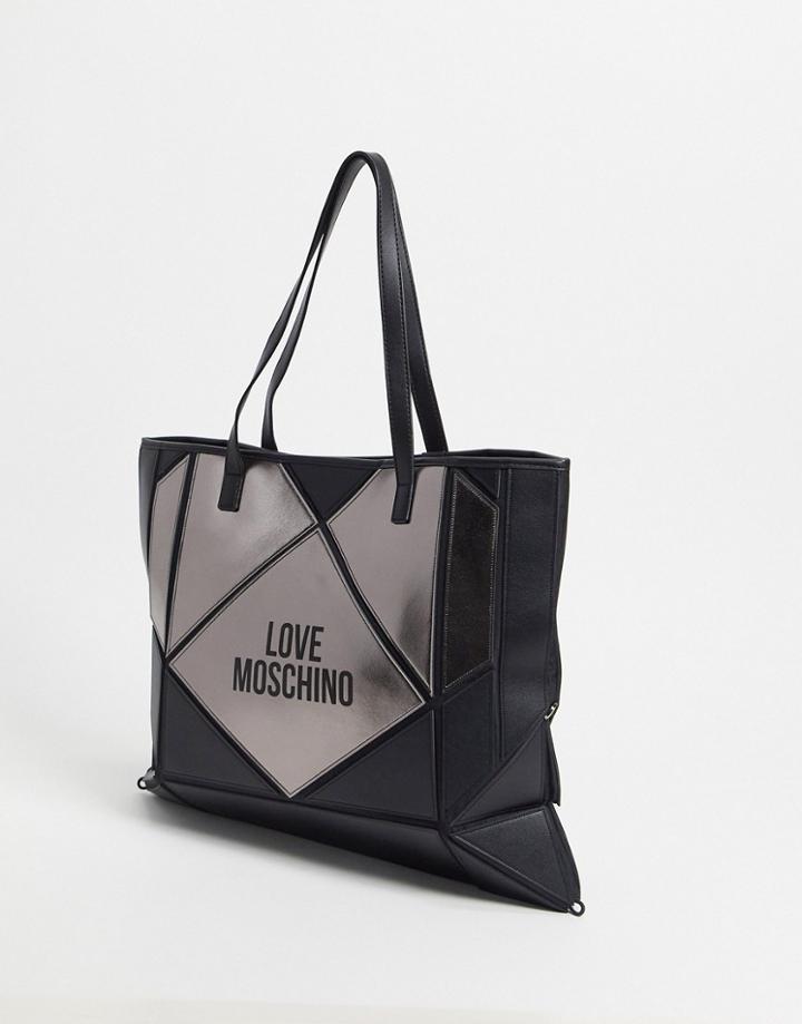 Love Moschino Shopper Bag With Geometric Heart In Black And Gunmetal