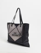 Love Moschino Shopper Bag With Geometric Heart In Black And Gunmetal
