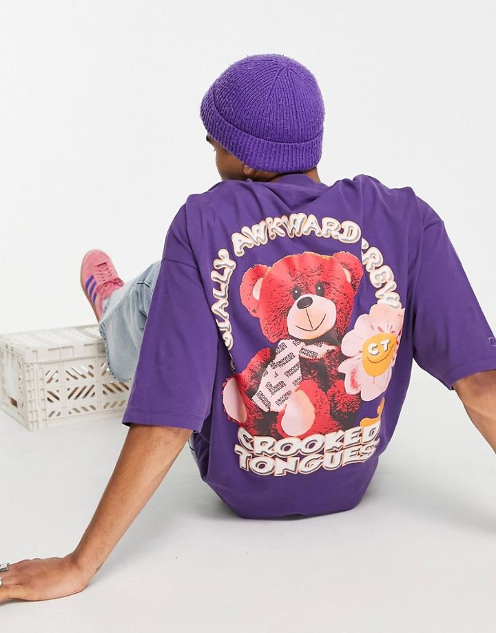 Crooked Tongues Oversized T-shirt With Teddy Graphic Print In Purple