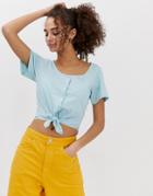 Brave Soul Tyene Crop T Shirt With Buttons And Tie Front - Blue