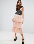 Asos Tiered Pleated Midi Skirt - Pink