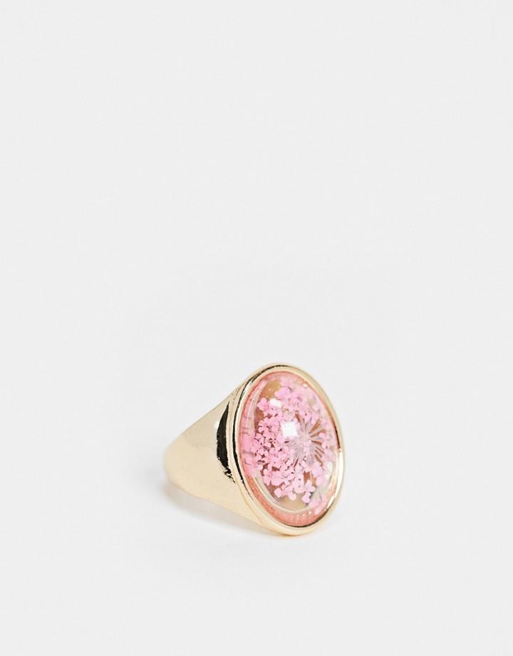 Asos Design Ring With Trapped Flower In Gold Tone