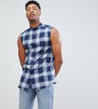Siksilk Tall Sleeveless Muscle Shirt In Blue Check Exclusive To Asos - Blue