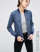 Noisy May Tall Denim Pin Stripe Bomber Jacket - Blue