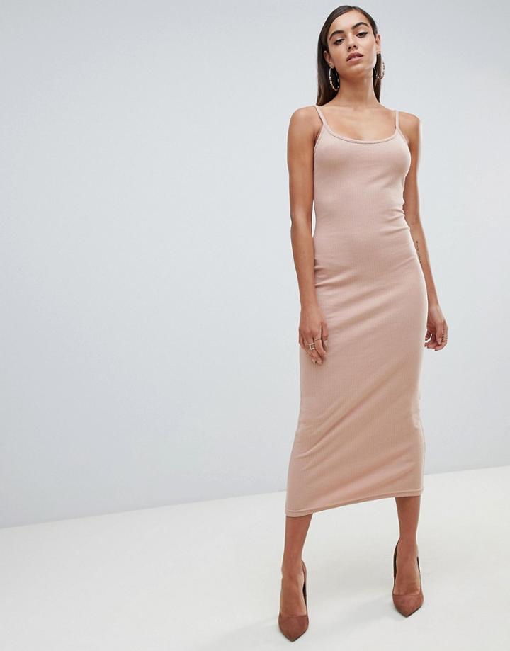 Missguided Ribbed Strappy Midi Dress - Beige