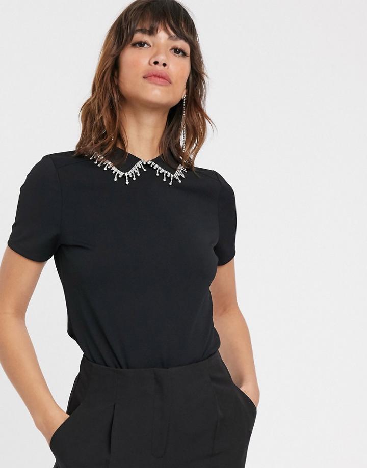 River Island Rhinestone Collar Top In Black