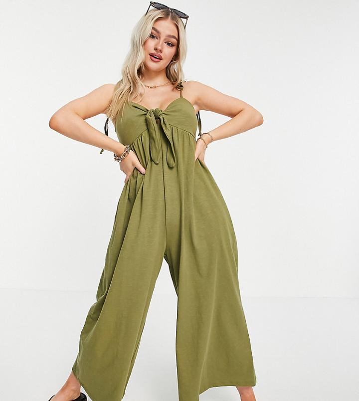 Asos Design Petite Tie Front Jumpsuit In Khaki-green
