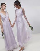 Asos Design Dobby Mesh And Lace Mix Long Sleeve Maxi Dress-purple
