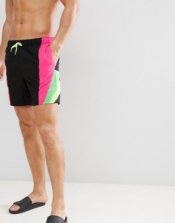Asos Design Swim Shorts With Neon Side Stripes Mid Length - Black