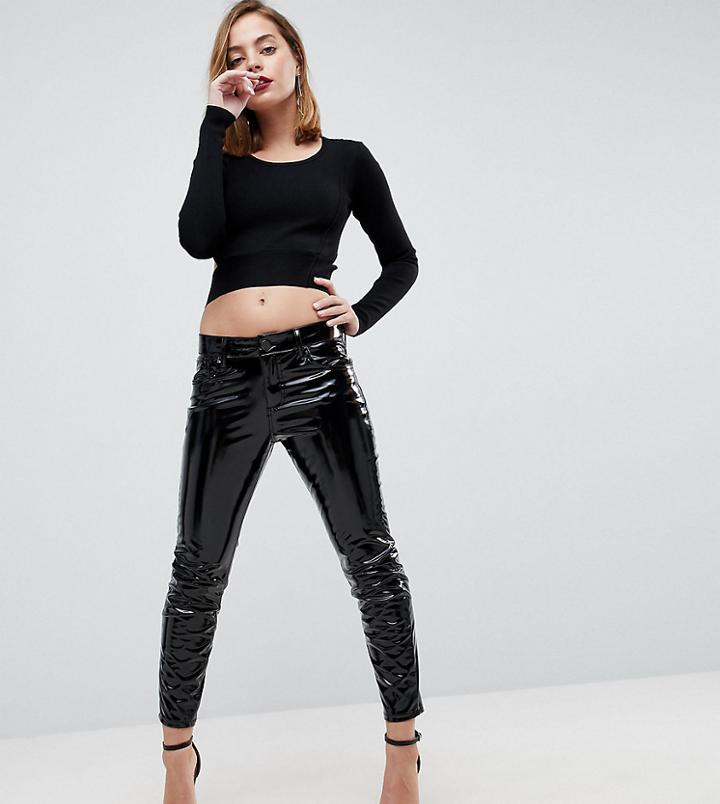 Asos Petite Lisbon Mid Rise Skinny Jeans In Vinyl - Black