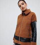 Missguided Borg And Leather Look Aviator Jacket In Brown - Brown