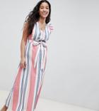 Asos Design Maternity Maxi Dress With Tie Detail In Linen Stripe - Multi