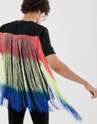 Asos Design Relaxed T-shirt With Longline Multicoloured Fringing In Black - Black
