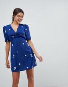 Asos Design Floral Embroidered Mini Tea Dress-blue
