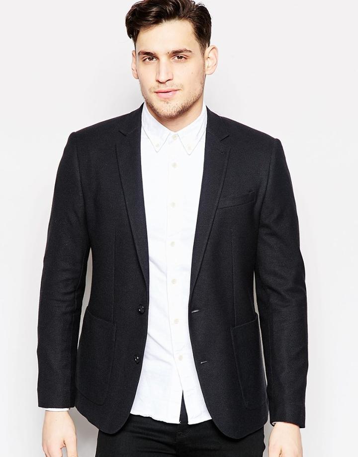 Asos Slim Fit Blazer In Pique Jersey In Black - Black