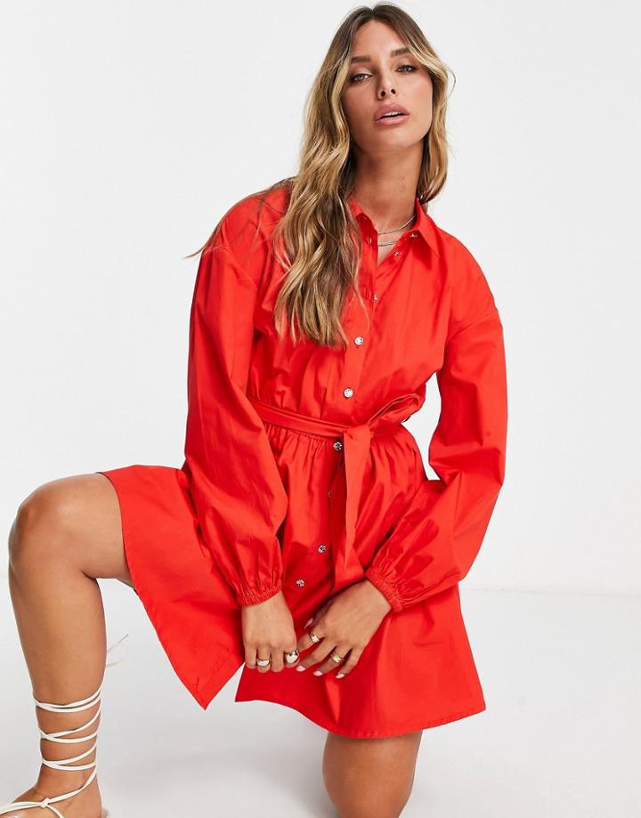 River Island Belted Mini Shirt Dress In Red