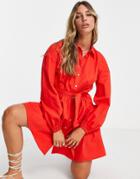 River Island Belted Mini Shirt Dress In Red