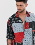 Pull & Bear Revere Collar Shirt In Patchwork Paisley Print - Blue