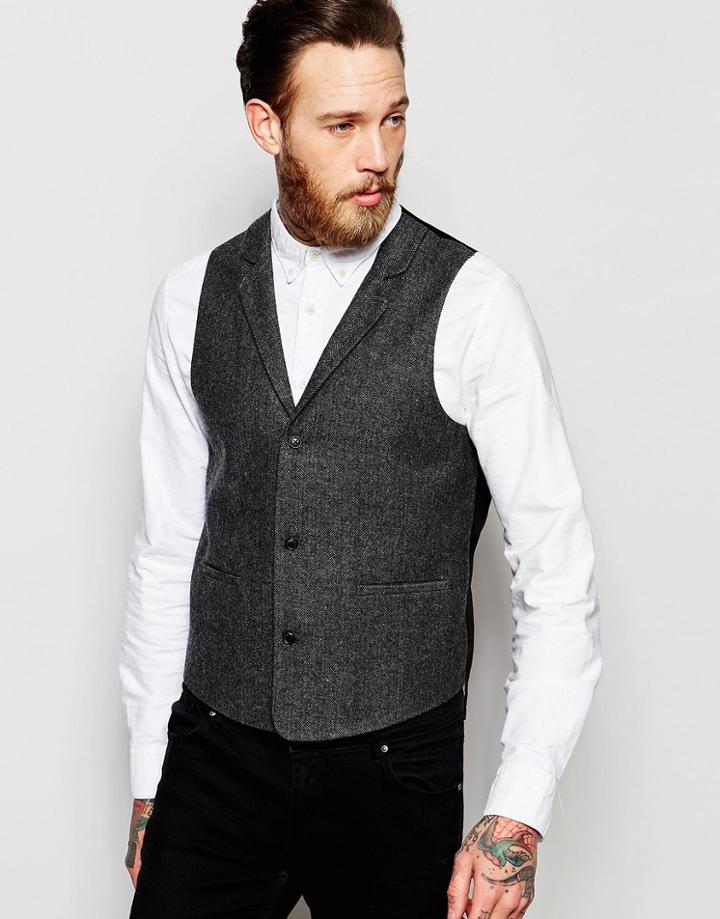 Asos Slim Vest With Peak Collar In Gray - Gray