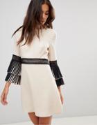 Little Mistress Lace Trim Shift Dress With Pleated Sleeve Detail-cream