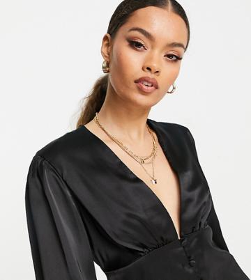 Flounce London Petite Button Front Satin Blouse In Black