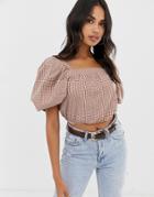 Boohoo Gingham Check Puff Sleeve Crop Top In Multi - Multi