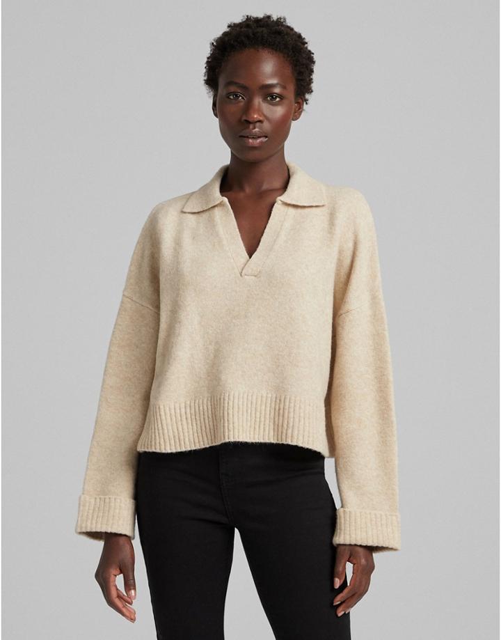 Bershka Polo Collar Detail Sweater In Beige-neutral