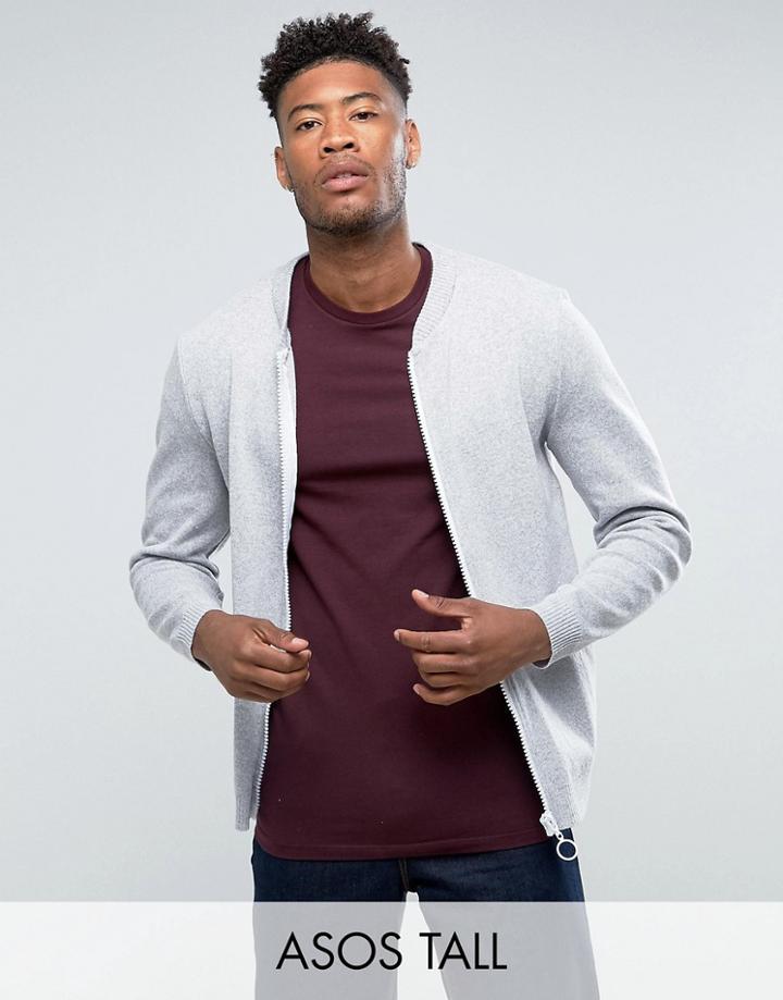Asos Tall Knitted Bomber With Oversized Zip In Pale Gray - Gray