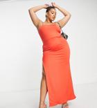 Public Desire Curve Double Layer Square Neck Maxi Dress With Thigh Slit In Orange-red